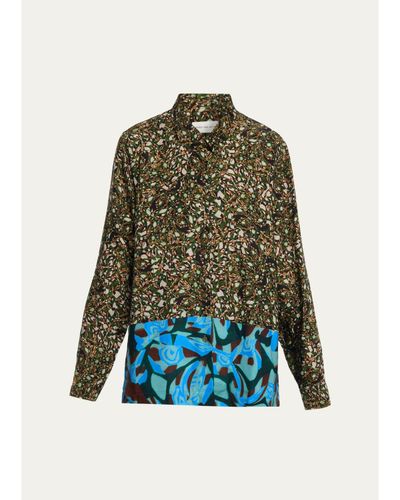 Dries Van Noten Colorblock Marble-Print Button-Down Shirt