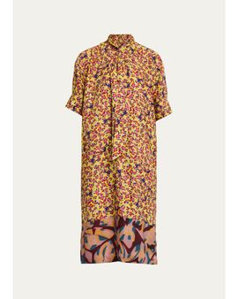 Dries Van Noten Dalma Marbled Short-Sleeve Neck-Scarf Midi Dress