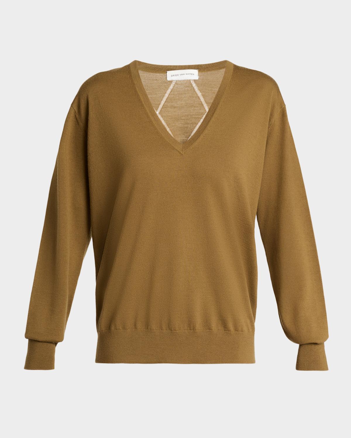 Dries Van Noten Diamond Ajoure Stitch V-Neck Sweater