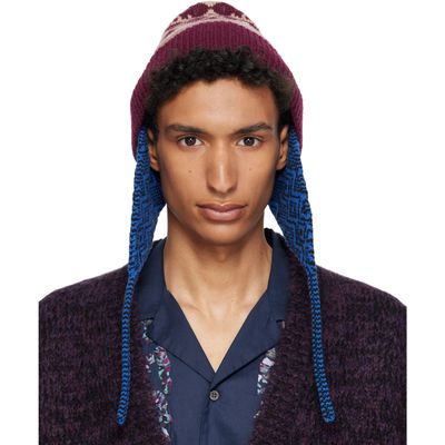 Dries Van Noten Dries Van Noten Burgundy & Blue Jacquard Wool Beanie
