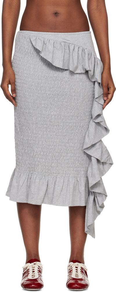 Dries Van Noten Dries Van Noten Gray Shirred Ruffle Midi Skirt