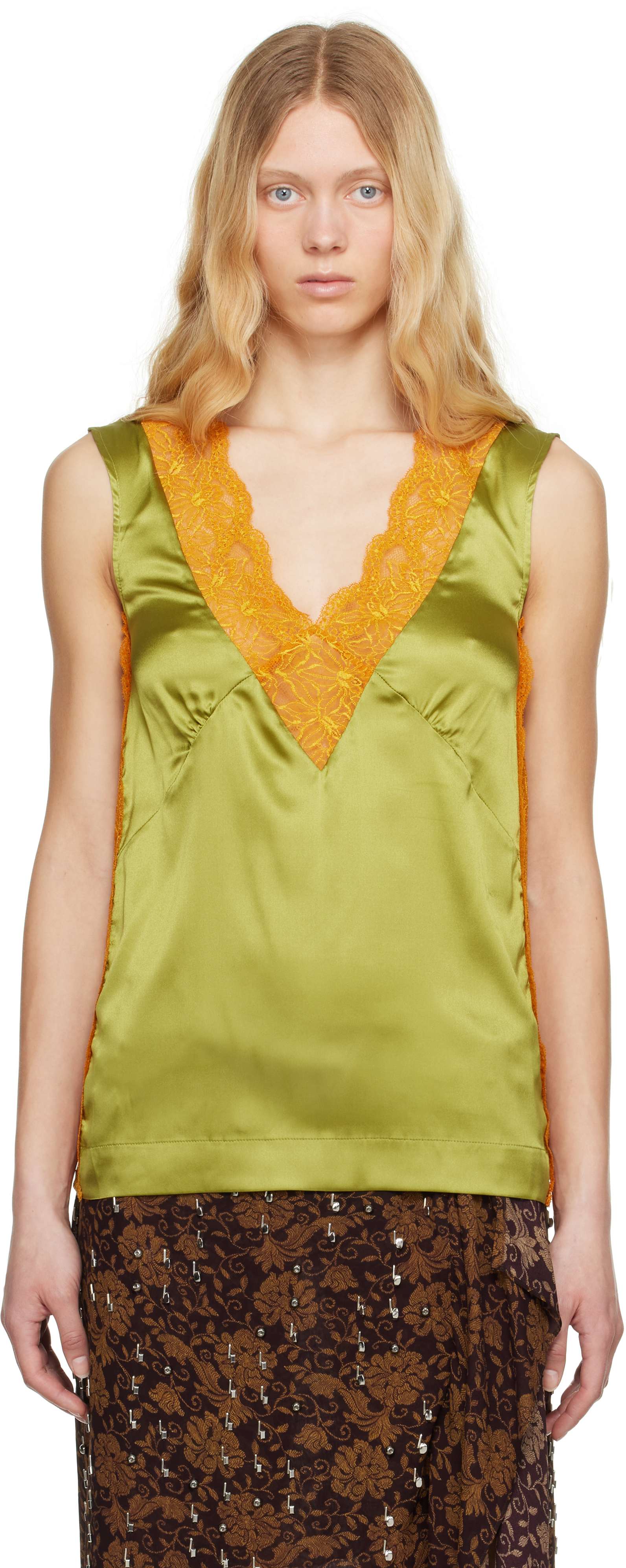 Dries Van Noten - Khaki & Orange Silk Lace Tank Top