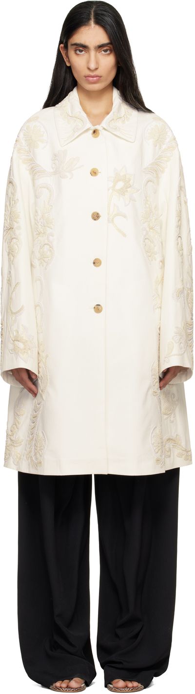 Dries Van Noten Dries Van Noten Off-White Embroidered A-Line Coat