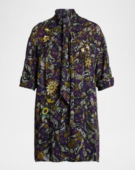 Dries Van Noten Floral Embellished Neck-Scarf Tunic Blouse