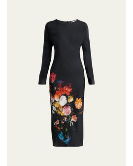 Dries Van Noten Floral Print Satin Long-Sleeve Midi Dress