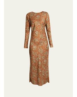 Dries Van Noten Floral Satin Long-Sleeve Midi Dress