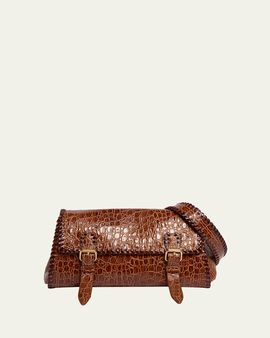 Dries Van Noten Medium Double Buckle Croc-Embossed Messenger Bag