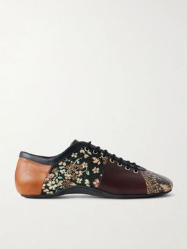 DRIES VAN NOTEN Patchwork floral jacquard-trimmed leather sneakers