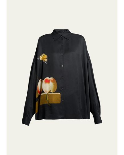 Dries Van Noten Printed Satin Oversized Button-Front Shirt