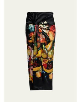 Dries Van Noten Printed Silk Twist-Front Maxi Skirt