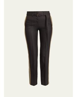 Dries Van Noten Side-Stripe Herringbone Wool Straight-Leg Pants With Belt