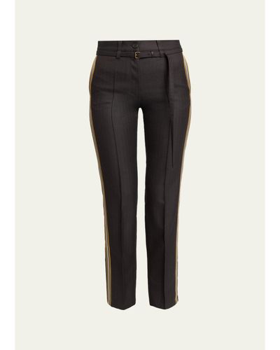 Dries Van Noten Side-Stripe Herringbone Wool Straight-Leg Pants With Belt