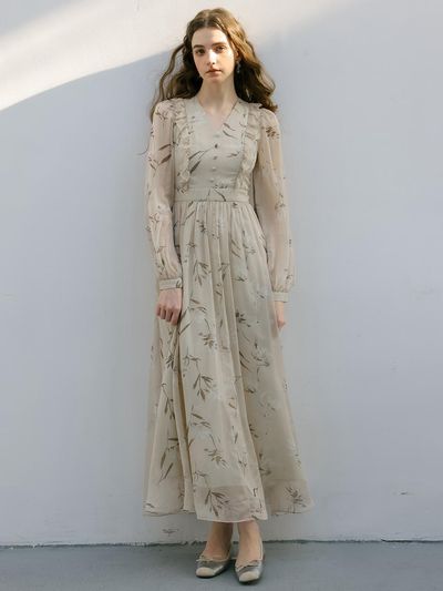 DUNDROP Beige Floral Chiffon Slim Dress