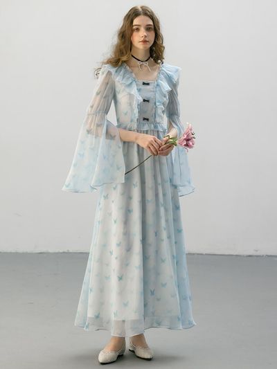 DUNDROP Butterfly Slit Trumpet Sleeve Dress