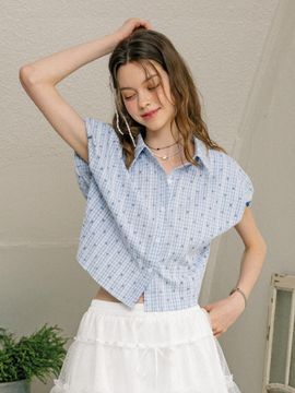 DUNDROP DD Check Slim Fit Short Blouse [Blue]