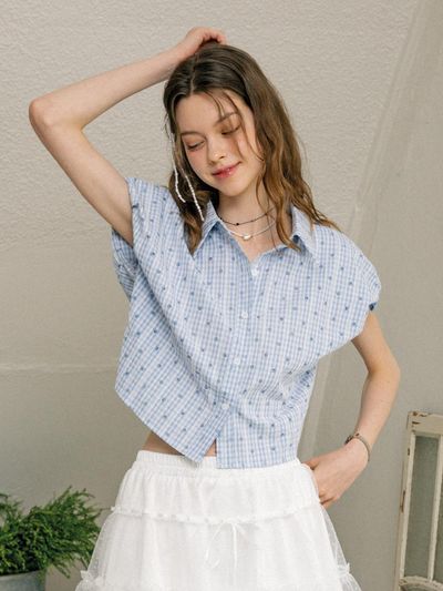 DUNDROP DD Check Slim Fit Short Blouse [Blue]