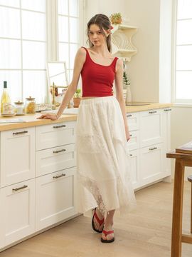 DUNDROP DD Double mesh lace skirt [WHITE]
