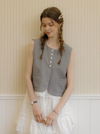 DUNDROP DD Sleeveless Lace Hem Vest [GRAY]