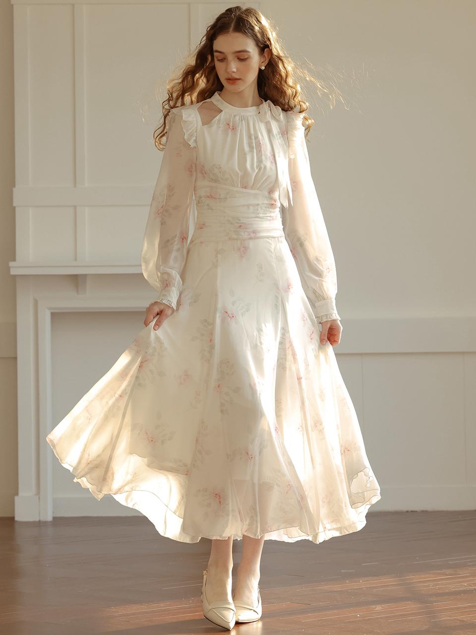 DUNDROP DD_Floral Ribbon Cut-out Dress
