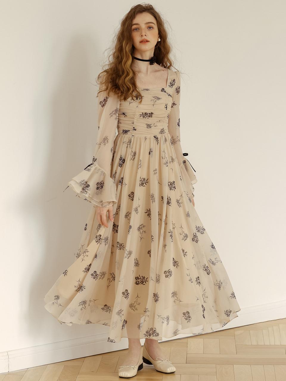 DUNDROP DD_Ink Printed Floral Bell Sleeve Dress
