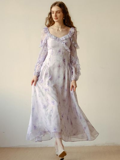 DUNDROP DD_Lavender Ruffled Chiffon Dress