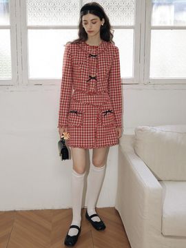 DUNDROP DD_Red houndstooth short skirt