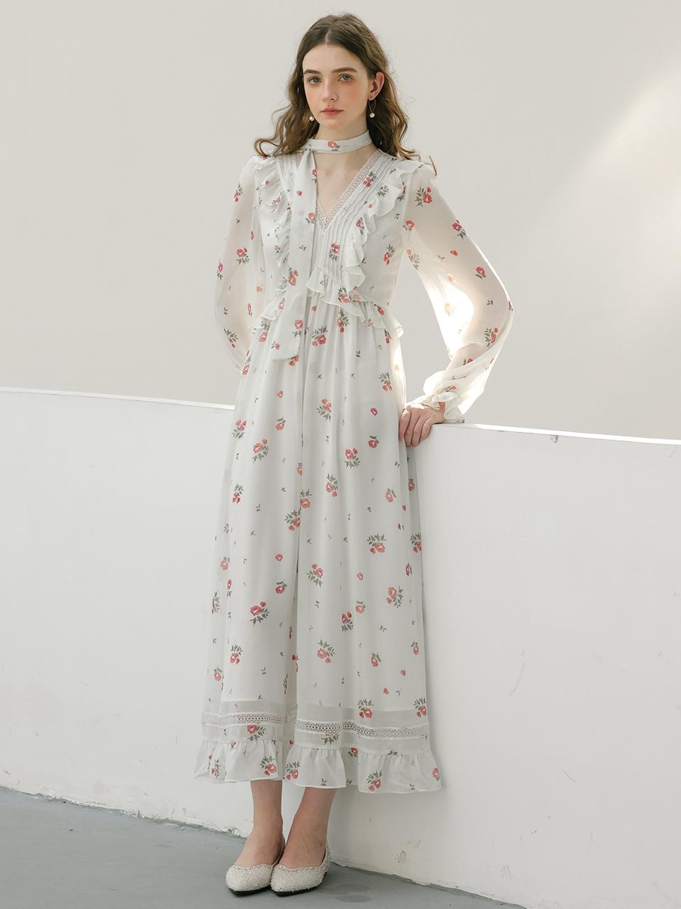 DUNDROP Floral V-neck Lace Scarf Dress