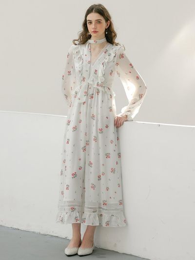 DUNDROP Floral V-neck Lace Scarf Dress