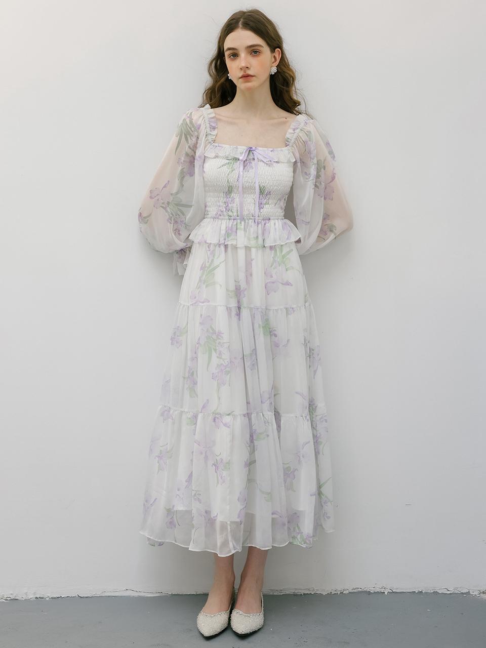 DUNDROP Lavender Floral Chiffon Dress