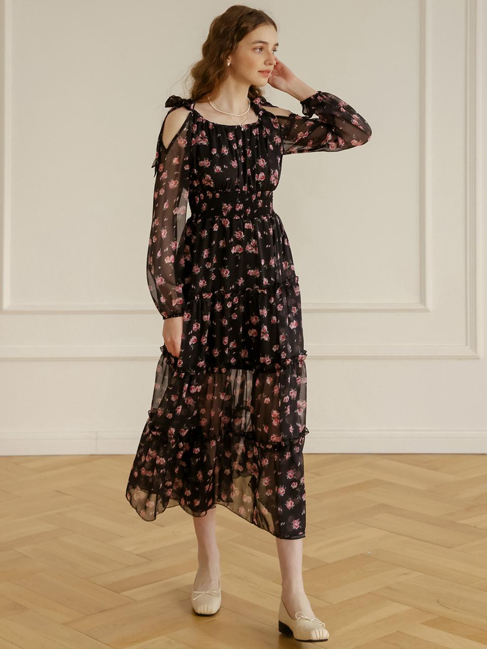 DUNDROP Open Shoulder Floral Slimming Dress_Black