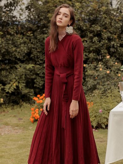 DUNDROP Pleats Wrap Strap Long Dress