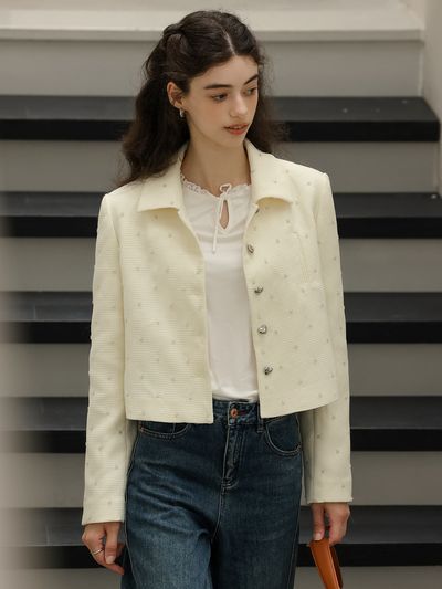 DUNDROP Silver Beading Heart Cropped Jacket