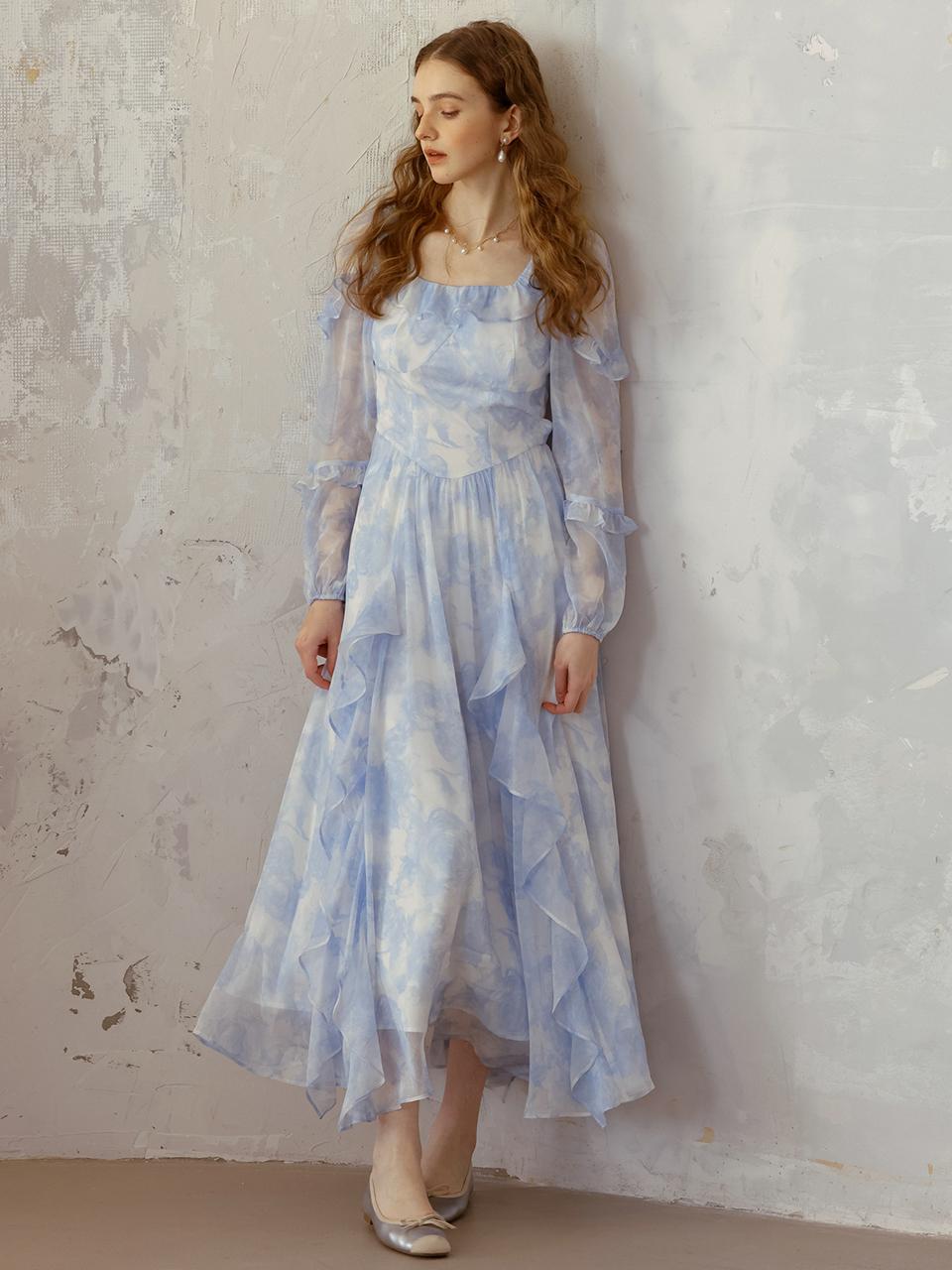 DUNDROP Sky Blue Chiffon Ruffle Dress