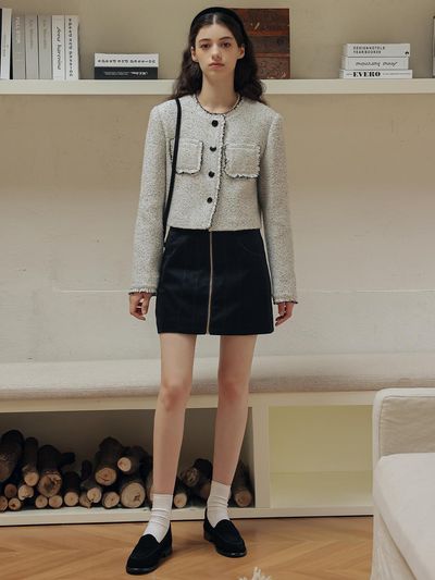 DUNDROP Velvet Metal Zipper Skirt_Black
