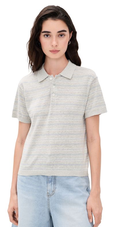 DUNST DUNST Unisex Linen Striped Polo Knit Grey/Soft Blue
