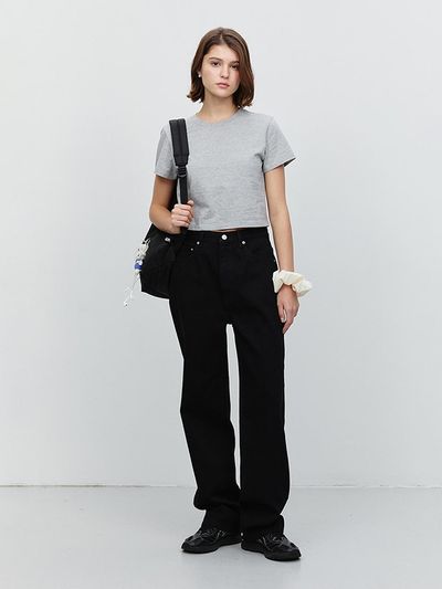 Dunst for WOMEN Cropped Cotton Embroidered T-shirt [Melange Grey] (UDTS5A202G2)