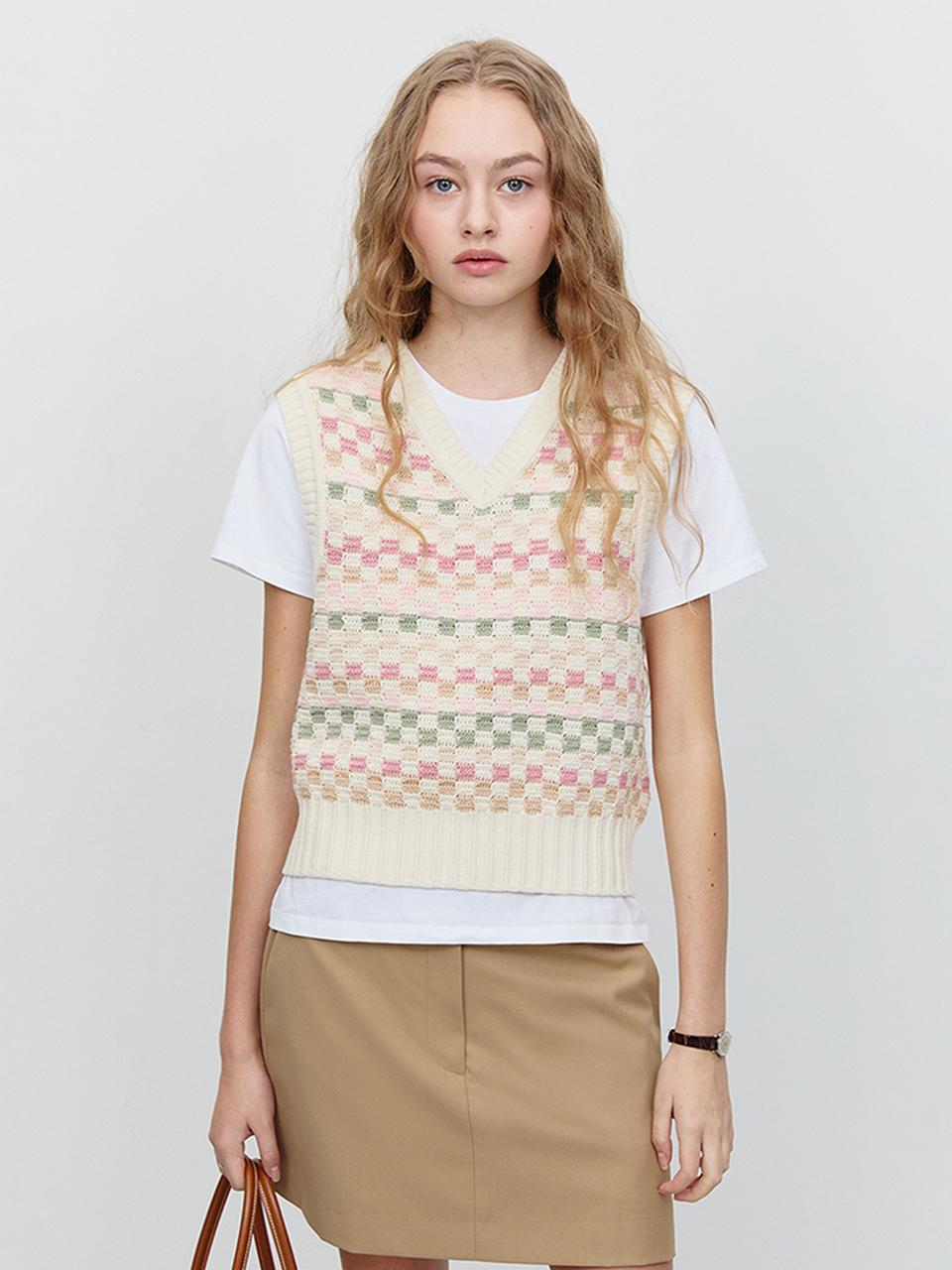 Dunst for WOMEN Unisex V-Neck Ribbed Knit Vest [Light Beige] (UDSW5A109IV)