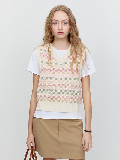 Dunst for WOMEN Unisex V-Neck Ribbed Knit Vest [Light Beige] (UDSW5A109IV)