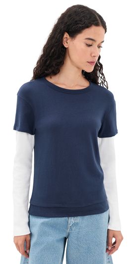 EB Denim EB Denim Rory Layered Long Sleeve Tee Navy And White Waffle