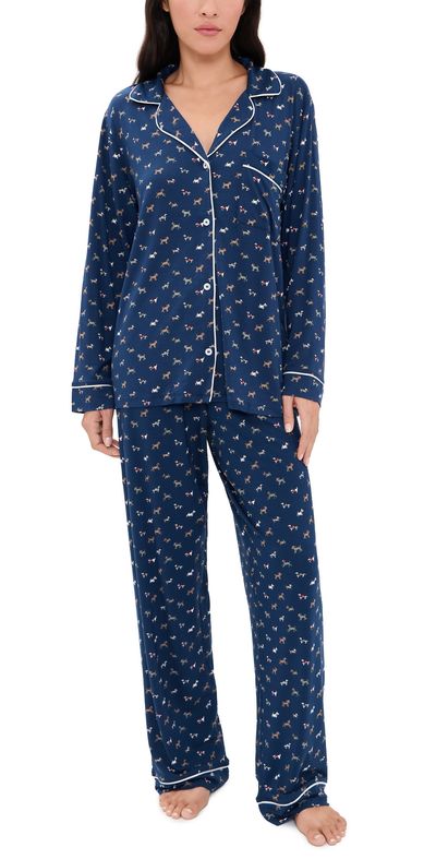 Eberjey Eberjey Gisele Printed Pajama Set Santa Paws Navy/Ivory