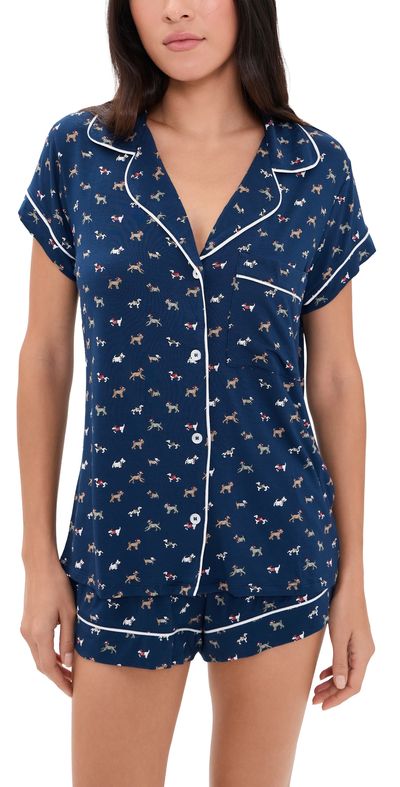 Eberjey Eberjey Gisele Printed Shortie Pajama Set SANTA PAWS NAVY/IVORY