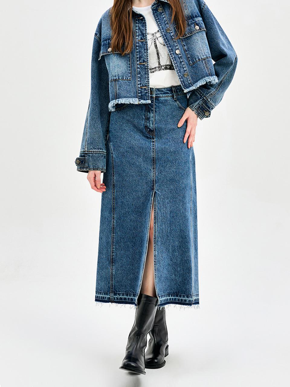 E.B.M (Edition by Michaa) Denim H-line Front Slit Skirt (EMO1DSK020)