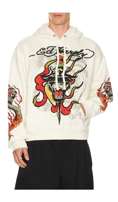 Ed Hardy Ed Hardy Panther Flame Boxy Rhinestone Fleece Hoodie
