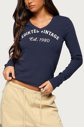 Edikted Edikted 1980 Vintage V Neck Top in Navy, Women's at Urban Outfitters