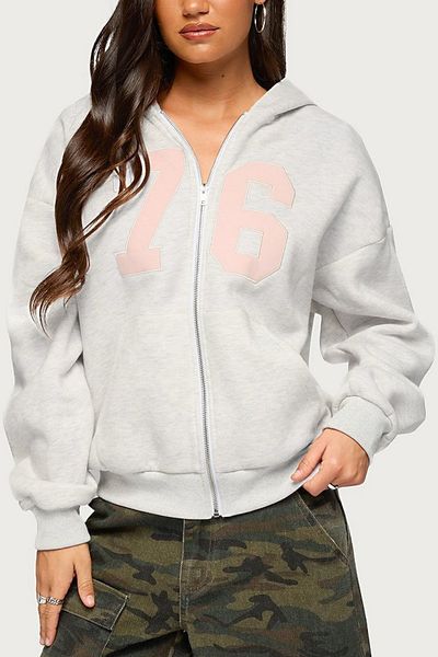 Edikted Edikted 76 Zip Up Hoodie in Light/Gray/Melange, Women's at Urban Outfitters