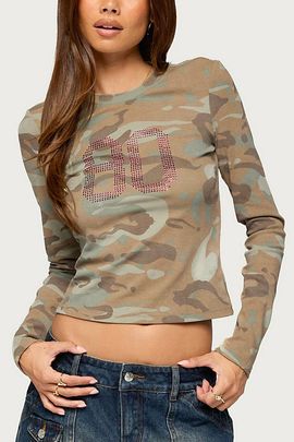Edikted Edikted 80'S Edikted Long Sleeve Rhinestone Top in Olive, Women's at Urban Outfitters