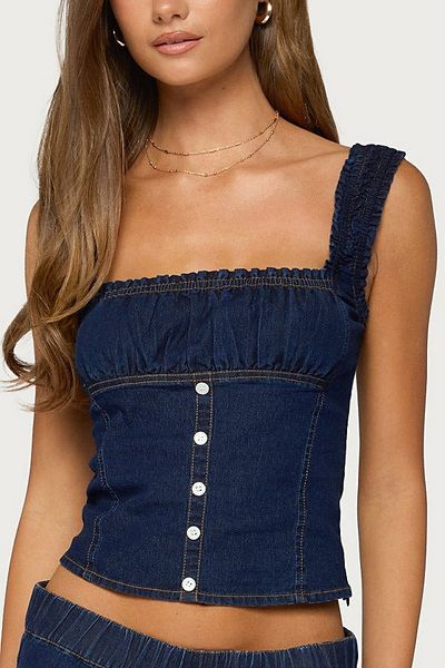 Edikted Edikted Aggie Ruched Button Denim Top in Blue, Women's at Urban Outfitters