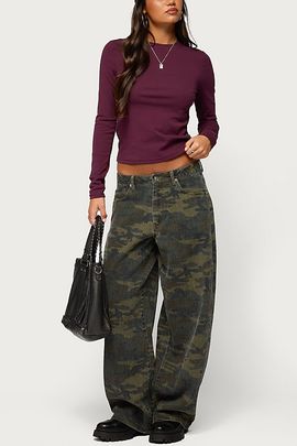 Edikted Edikted Anna Camo Low Rise Baggy Jeans in Olive, Women's at Urban Outfitters