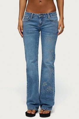 Edikted Edikted Anola Studded Low Rise Bootcut Jeans in Blue/Washed, Women's at Urban Outfitters