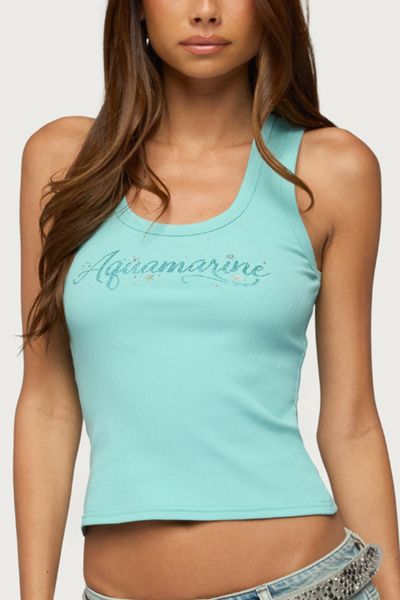 Edikted Edikted Aquaramine Rhinestone Ribbed Tank Top in Aqua, Women's at Urban Outfitters
